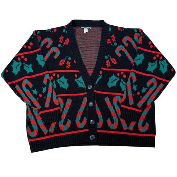Vintage Christmas Candy Cane Holly Knit Cardigan Sweater Black Red Green XL - Picture 1 of 8